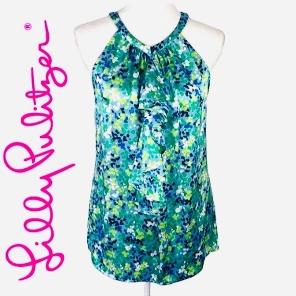 Lilly Pulitzer Blue Floral Halter Top With Ruffle, Size 0 - Picture 1 of 9